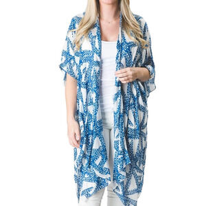 Kari Printed Lightweight Kimono Wrap Shawl Navy Blue White Starfish